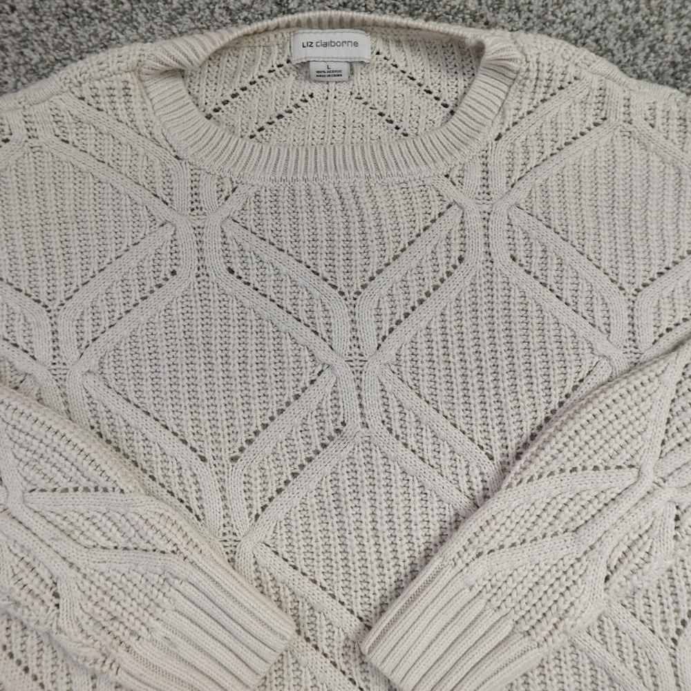 Liz Claiborne Sweater Womens L Beige Aran Cable Knit Fisherman Pullover Crewneck